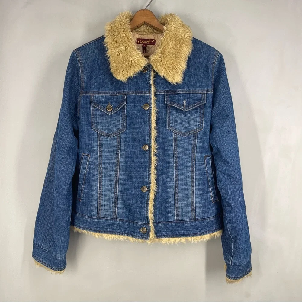 Vintage Y2K Clash Denim Jacket Faux fur collar women size XL - Picture 1 of 9